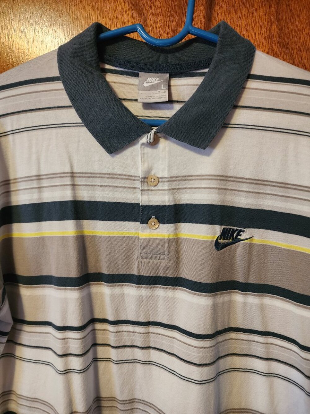 Men's Large Nike White/Blue/Gray Striped Short Sleeve Polo Shirt